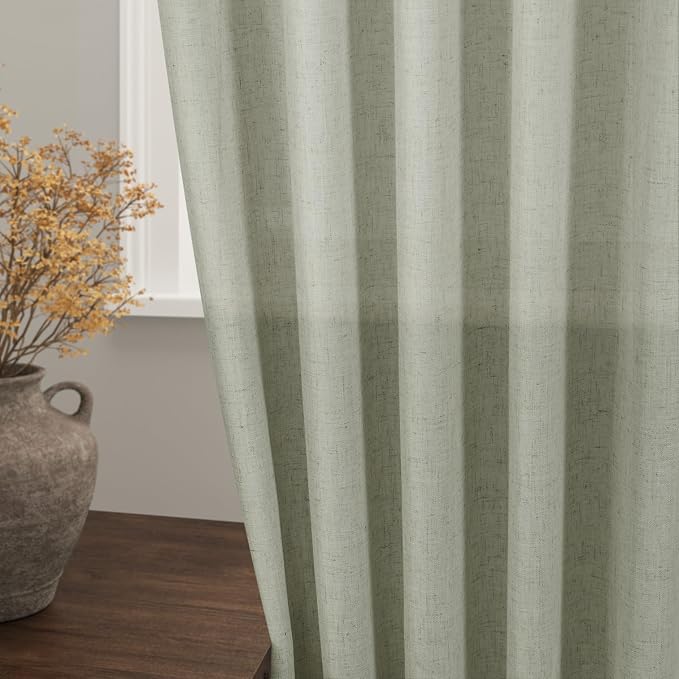 Sage Green Linen Blend Drapes 84 Inch Length 2 Panels Set Back Tab Rod Pocket - Image 2