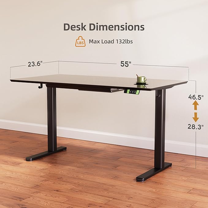 INNOVAR Glass Standing Desk with Drawers, 55×27.6 Inch Adjustable Stand Up Desk Quick Install Home Office Computer Desk, Black