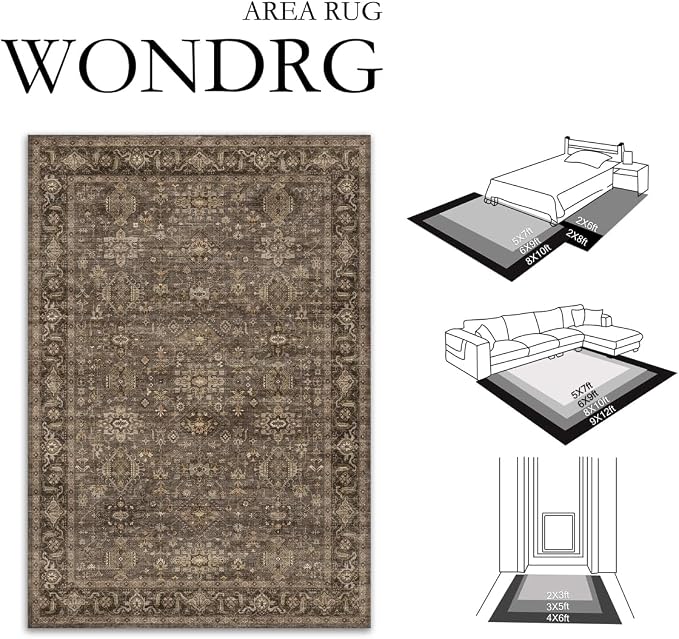 2'6x12 Washable Runner Rug for Hallway Kitchen Vintage Brown Non Slip Low Pile - Image 2