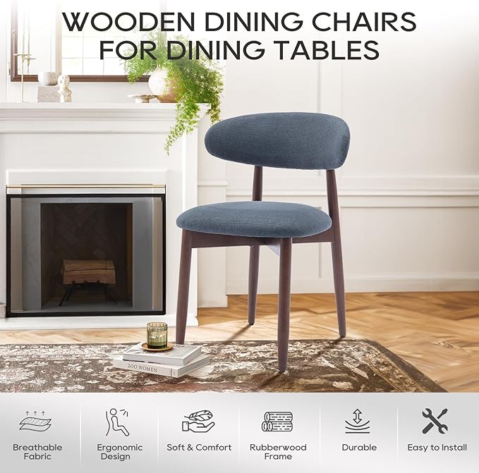 COLAMY Wooden Dining Chairs Set of 4, Modern Fabric Upholstered Kitchen Chairs, Farmhouse Dining Room Chair with Foot Pegs, Blue