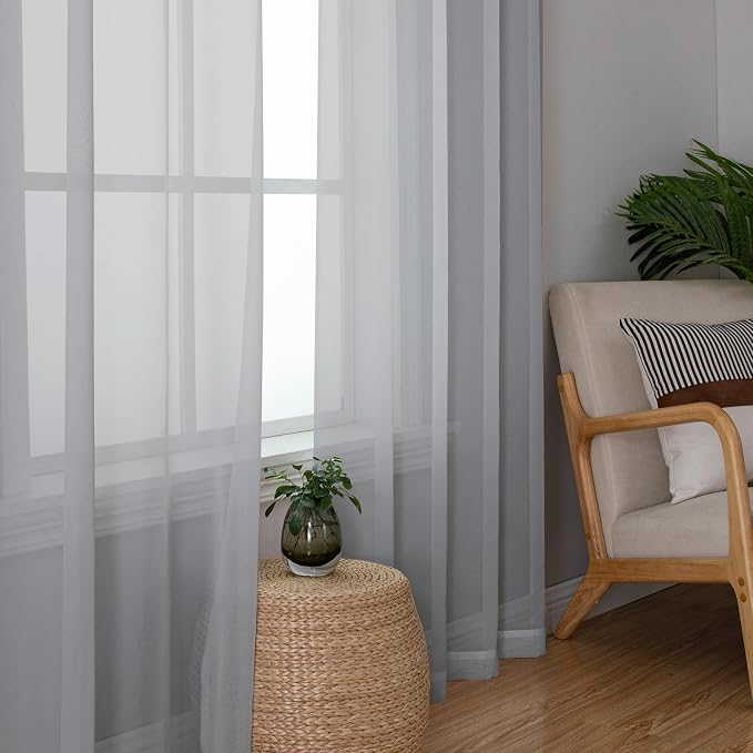 Lecloud Light Grey Sheer Curtains 96 Inches Long 2 Panels, Light Filtering - Image 2