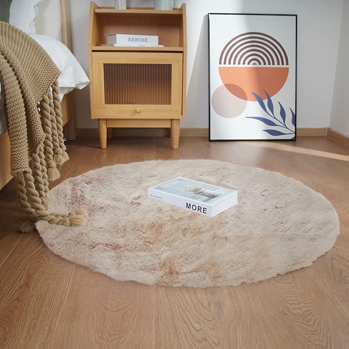Ghouse Faux Rabbit Fur Round Rug 3ft Light Brown Beige Round Rugs - Image 2
