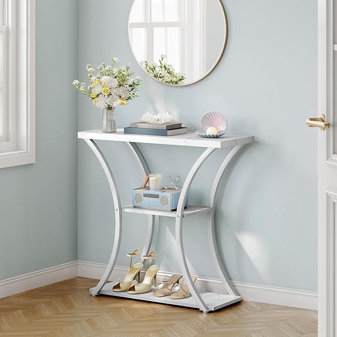 Hoctieon 3 Tier Console Table with Open Wood Shelves, Decorative Entryway Table with Curved Metal Frames, Narrow Sofa Table for Entrance, Living Room, Hallway, White Marbled