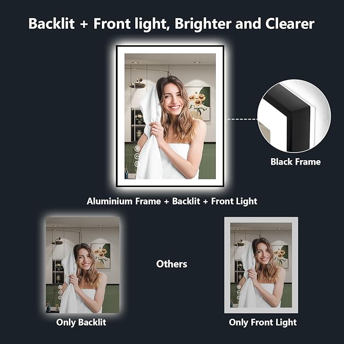 28x32 Inch LED Bathroom Mirror with Lights (Front Lit and Backlit) Black Framed Lighted Vanity Mirror for Bathroom Wall Dimmable Anti-Fog Memory Tempered Glass Horizontal/Vertical