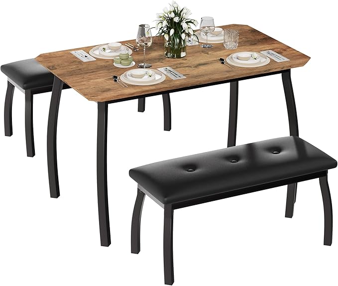 GAOMON Dining Table Set for 4, Metal Frame Kitchen Table Set with 2 Upholstered Bench, 3 Piece Dining Room Table Furniture for Apartment, Studio, Home, Easy Assembly, Retro Brown
