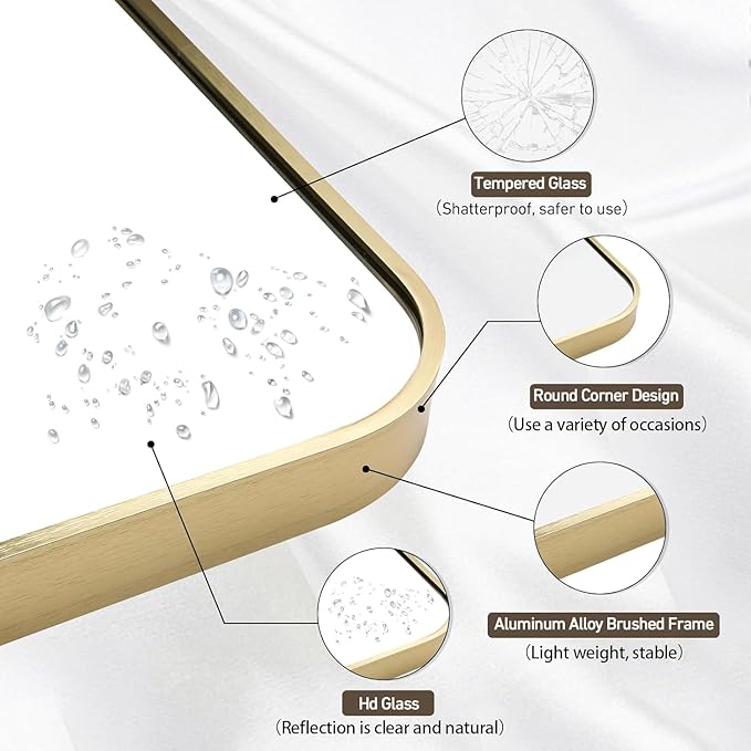 Gold Bathroom Mirror, 20x30 Inch Brushed Gold Mirror, Aluminum Alloy Framed Rectangle Bathroom Mirror for Over Sink, Anti-Rust Wall Mirror (Horizontally or Vertically)