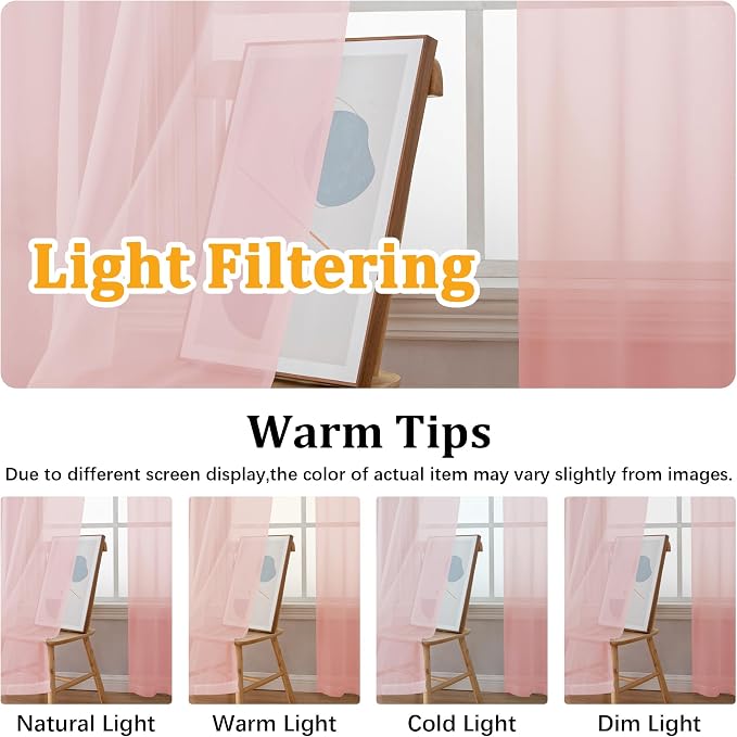 Gwine Blush Pink Sheer Curtains 72 Inches Long 2 Panels Set - Image 5