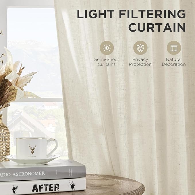 Joydeco Linen Curtains 84 Inch Length 2 Panels, Light Filtering Drapes 52 - Image 3