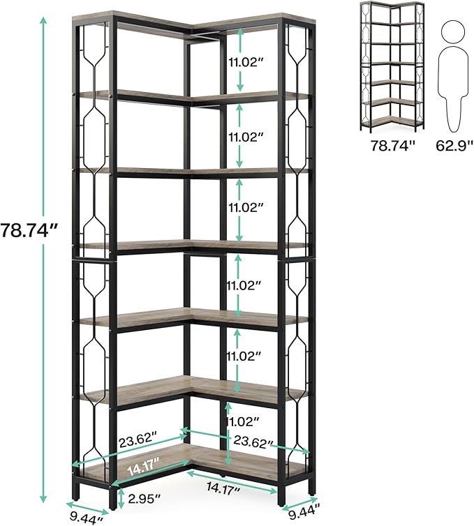 Tribesigns Corner Shelf, 7-Tier Industrial Corner Bookshelf, Wood and Metal Corner Etagere Bookcase, Freestanding Display Shelf for Living Room, Kitchen, Home Office, Gray