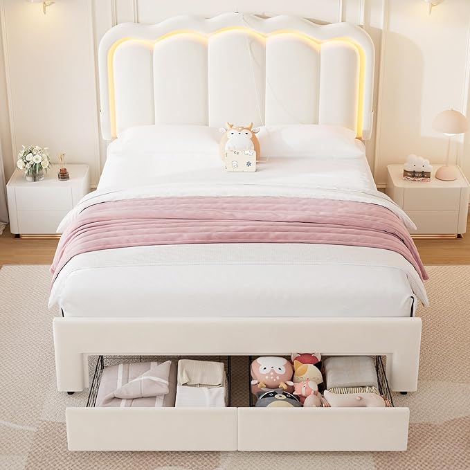 Queen Upholstered LED Bed Frame with 2 Storage Drawers and Adjustable Chic Double Wavy Headboard, Velvet Princess Platform Bed with Charing Station, Solid Wood Slats Support,No Box Spring Needed,Beige