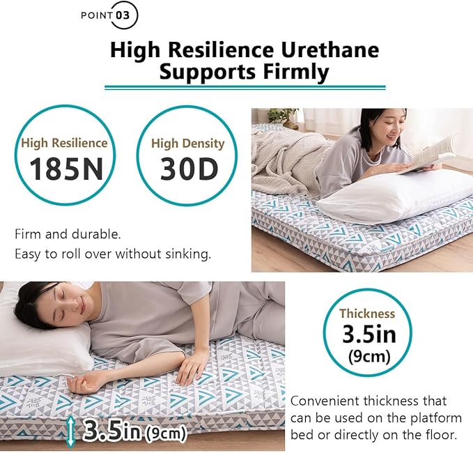 EMOOR Japanese Padded Futon Mattress Machi Twin Triangle-Gray (Shinsengumi Makoto), Gusset Foldable Storable Elastic Bands Floor Sleeping Guest Bed Tatami Mat