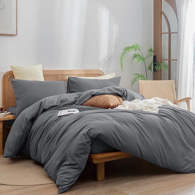 BESTOUCH Duvet Cover Set 100% Washed Cotton Linen Feel Super Soft Comfortable Chic Lightweight 3 PCs Home Bedding Set Solid Quiet Shade Grey Oversized Queen