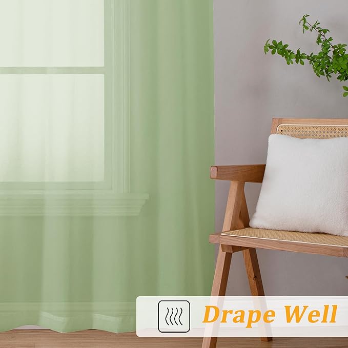 Gwine Light Green Sheer Curtains 96 Inches Long 2 Panels, Elegant Window - Image 6