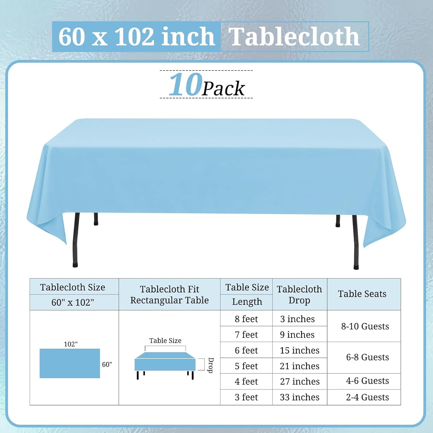 10 Pack Light Blue Tablecloths for 6 Foot Rectangle Tables 60 x 102 Inch - 6ft Rectangular Bulk Polyester Fabric Table Clothes for Wedding Buffet Party Banquet Reception Restaurant and Camping