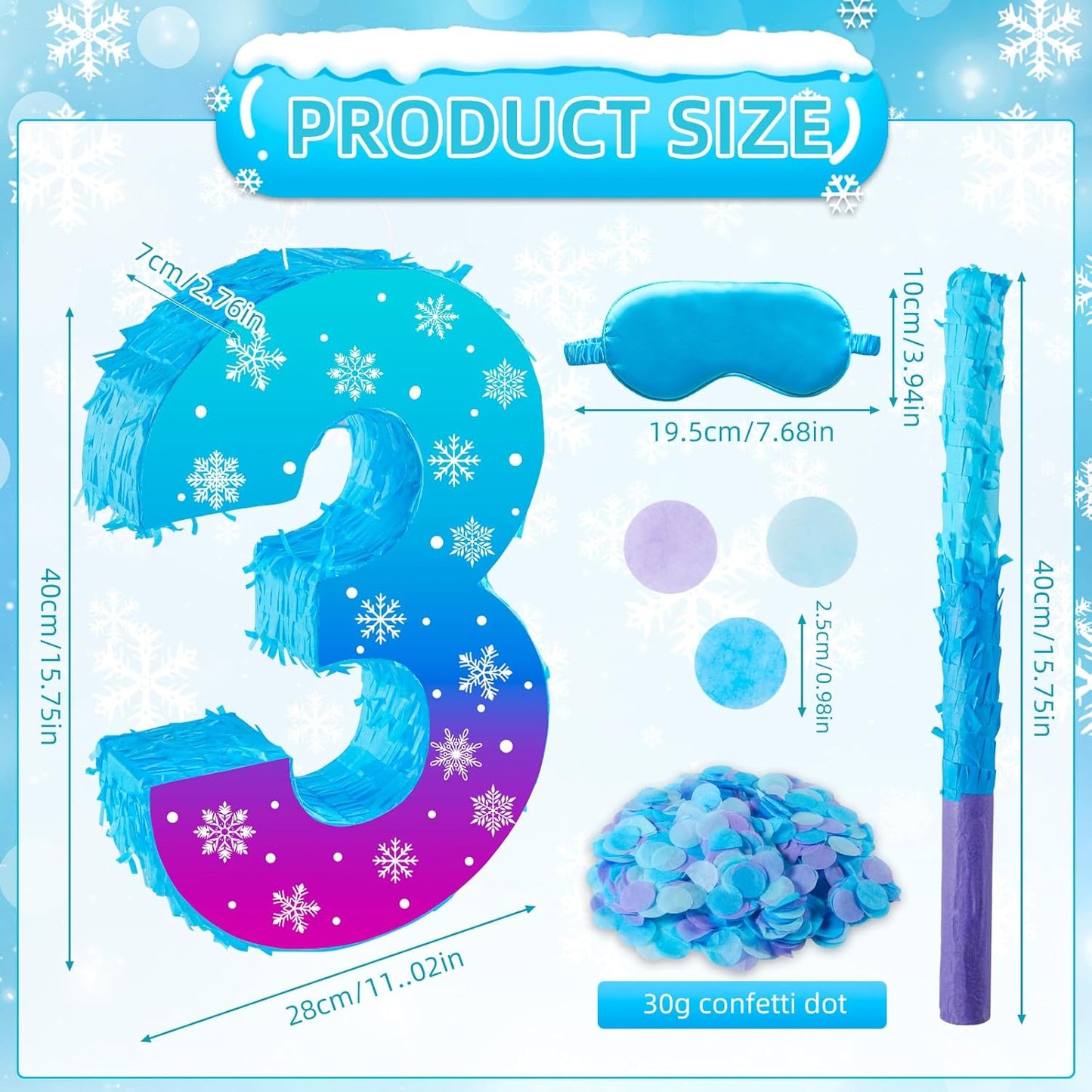 Snowflake Birthday Decorations, Winter Ice Snowflake Number 3 Pinata with Stick Blindfold and Confetti Snowflake Piñata 3rd Birthday Party Decoration & Supplies (Snowflake 3)
