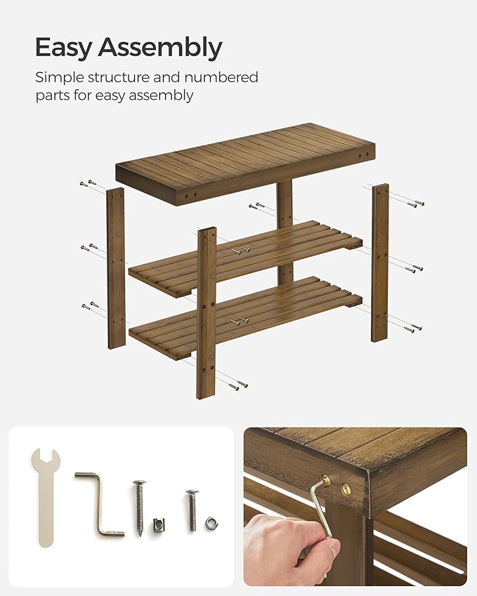 SONGMICS Shoe Rack Bench, 3-Tier Bamboo Shoe Storage Organizer, Entryway Bench, Holds Up to 286 lb, 11.3 x 27.6 x 17.8 Inches, for Entryway Bathroom Bedroom, Yellow Brown ULBS04WL