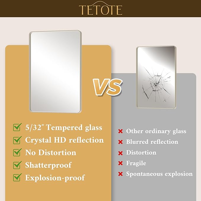TETOTE Brushed Nickel Mirror for Bathroom 24 x 36 Metal Framed Vanity Mirror, Tempered Glass, Modern Farmhouse Wall Mounted Mirrors for Decorative(Horizontal/Vertical)