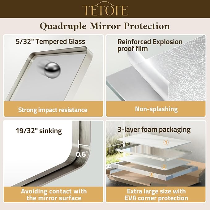 TETOTE 36 x 36 Inch Brushed Nickel Mirror Metal Framed Bathroom Mirror, Tempered Glass, Modern Farmhouse Wall Mounted Mirror for Decorative(Horizontal/Vertical)