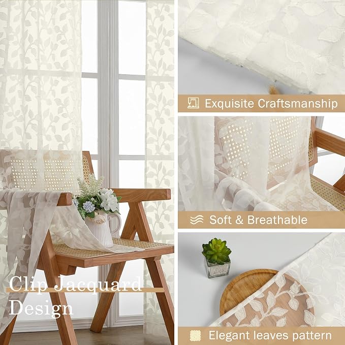 Chyhomenyc Extra Long Ivory Sheer Curtains 120 Inch Length 2 Panels Set - Image 7
