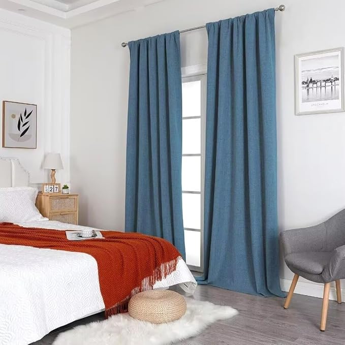 Joydeco Natural Linen Curtains 108 inch Length 2 Panels Set Burg 100% Blackout Patio Door Curtain Room Darkening Sliding Door Curtains Thermal Insulated Back tab Rod Pocket(105x108 inch, Sky Blue)