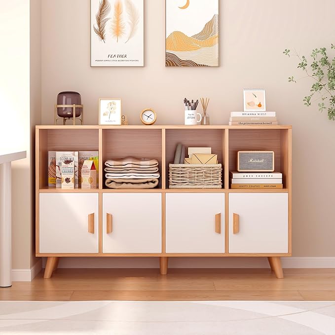 Cubby Shelf Bookcase with Doors - Wooden 8 Cube Floor Standing Open Bookshelf with Solid Wood Legs, 2-Tier Low Storage Cabinet, Oak and Warm White