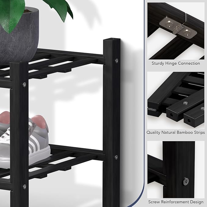Haddockway Long 2 Tier Bamboo Shoe Rack Storage Organizer, Multifunctional Free Standing Stackable Shoe Shelf with Grid Panel for Closet,Hallway,Entryway,Small Space 34.2"x11"x13"(Black, 2-Tier(Long))