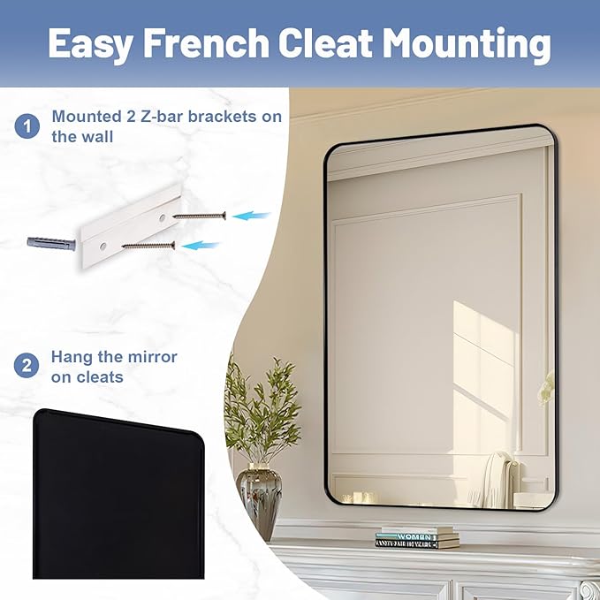 Black Bathroom Mirror 24"x36", Modern Round Corner Bathroom Vanity Mirror, Matte Black Wall Mirror for Bedroom, Living Room, Shatterproof, Anti-Rust, Wall Mounted Horizontal or Vertical
