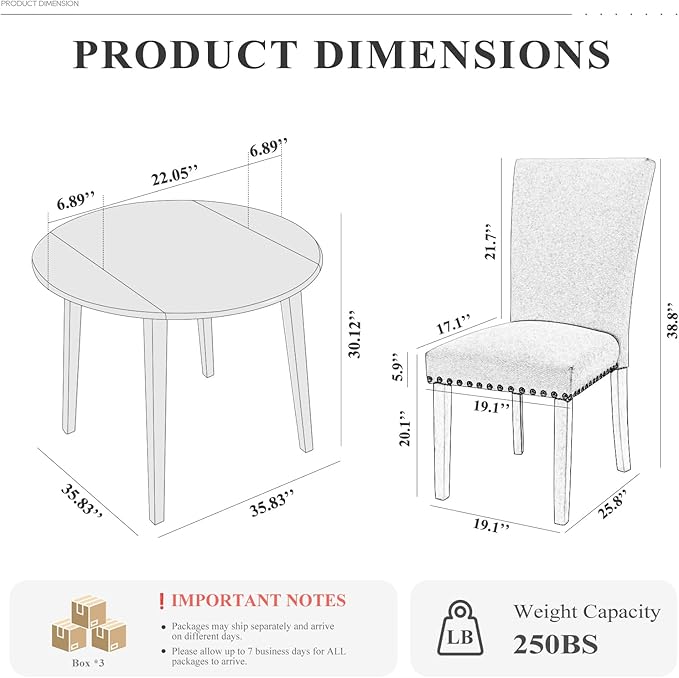 COLAMY 5-Piece Extendable Dining Table Set for 4, 36" Kitchen Round Wood Table with 4 Nailhead Dining Room Chairs,Light Brown/Black