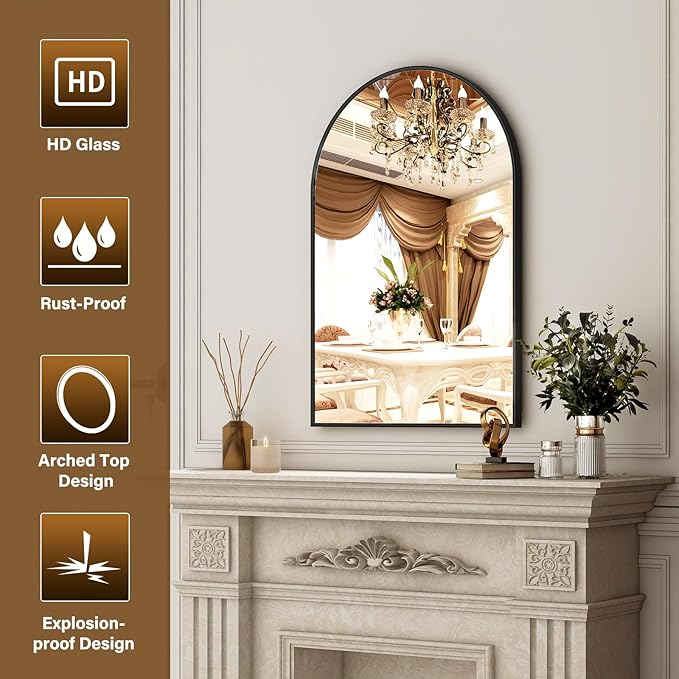 26"x38" Arched Wall Mirror for Bathroom, Black Vanity Mirror for Bedroom, Living Room, Entryway, Decorative Hanging Mirror for Wall