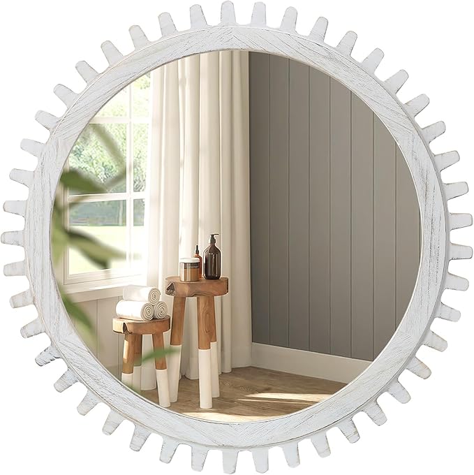 ULIKE Round Wood Mirror, 30 Inch Rustic Farmhouse Circle Mirror with Wooden Frame, Mordern Wall Decor for Bathroom Nursery Bedroom Living Room Entryway, White