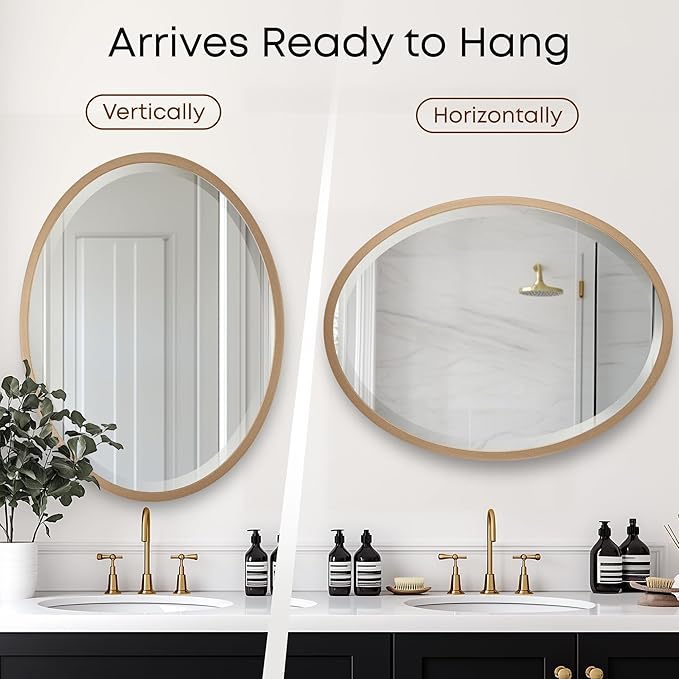 OVALCREST - Oval Wooden Beveled Wall Mirror for Home Decor, Bathroom, Vanity, Bedroom, Living Room, Hallway - London Style (Gold Spray) 17.1 x 21.1