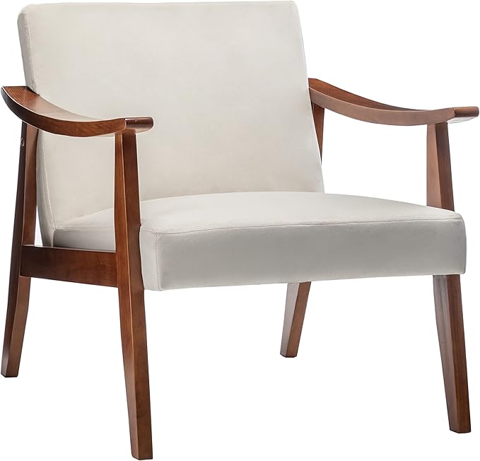 Container Furniture Direct Accent Chair with Velvet Upholstery and Solid Wood Frame, Classic Mid-Century Modern Living Room Furniture for Extra Seating, Cream White