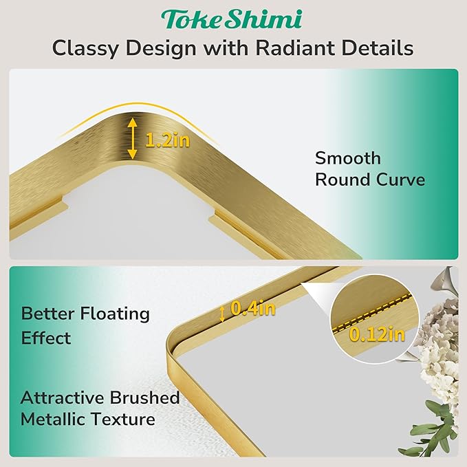 TokeShimi 55x36 Bathroom Mirror Gold,Aluminum Framed Bathroom Mirrors for Over Sink,Rectangle Vanity Mirror Bath,Shatterproof Tempered Glass Wall Mirror Modern(Horizontal/Vertical)