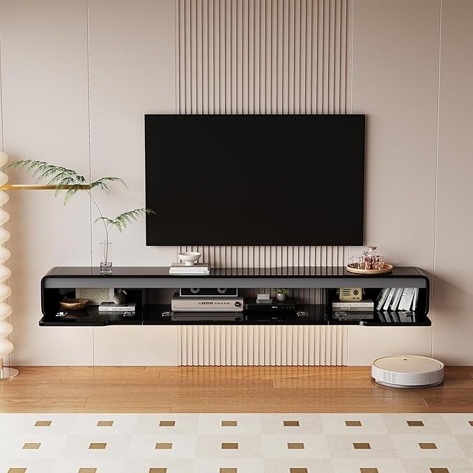 High Gloss Floating TV Stand with 3 Doors,70'' Wall Mounted TV Cabinet,Under TV Console,Floating Media Shelft for Bedroom Living Room(Black)