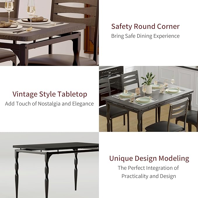 GarveeHome 5 Piece Dining Table Set, Industrial Style Dining Table and Chairs Set for 4, Kitchen Table Set for Dining Room Kitchen Apartment, Black