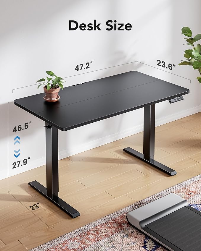 HUANUO 48" x 24" Electric Standing Desk Adjustable Height, 4 Memory Height Settings, Headphone Hook, Cable Manager, Sit Stand Up Desk for Home Office & Computer Workstation, Black