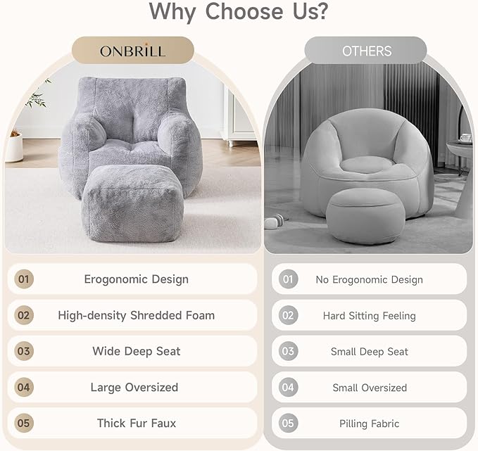 Giant Bean Bag Chairs for Adults with Ottoman, Faux Fur Boneless Chaise Couch Filler with Memory Foam,Large BeanBag Lounge Lazy Floor Sofa Accent Chair for Living Room,Bedroom & Game Rooms