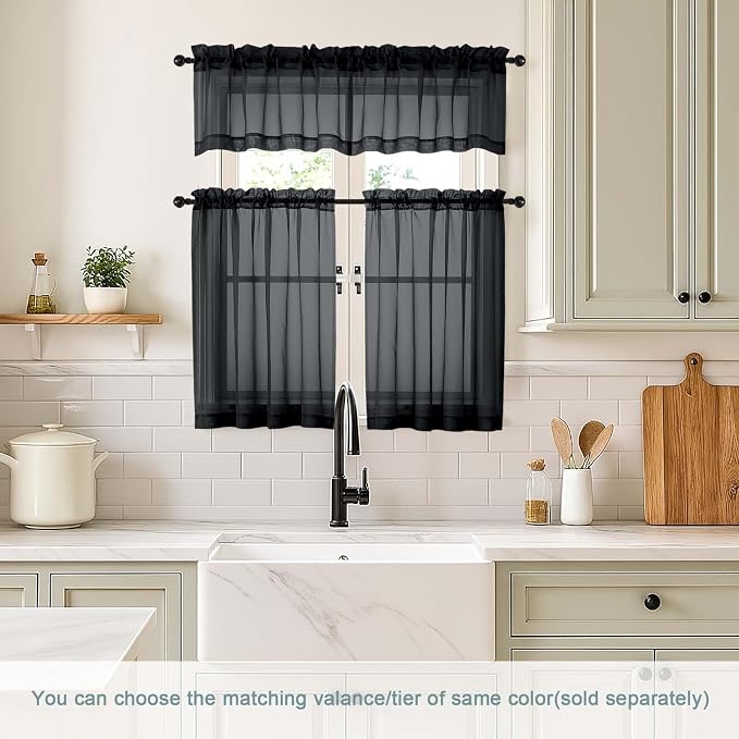 Black Small Sheer Curtains 2 Panels Set, Kitchen Curtains 36 Inch Length - Image 2