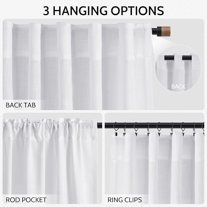 Nanspring Snow White Linen Curtains 96 Inches Long - Image 2
