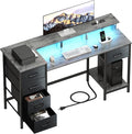 47 Inch Computer Gaming Desk with Power Outlets & LED Lights Reversible Home Office Desk with Adjustable 5 Fabric Storage Drawers for Working Writing Study, Grey