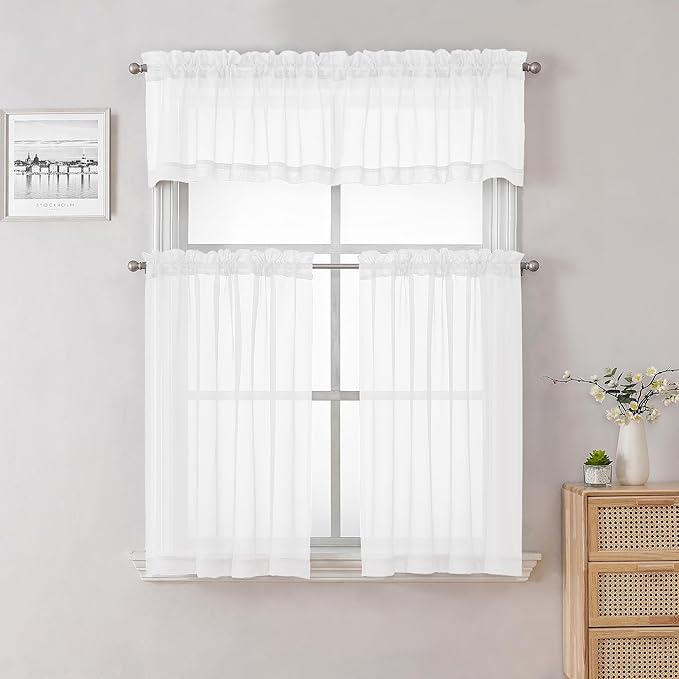 Lecloud Sheer White Valances for Windows 18 Inch Length 2 Pcs, Cafe Kitchen - Image 5