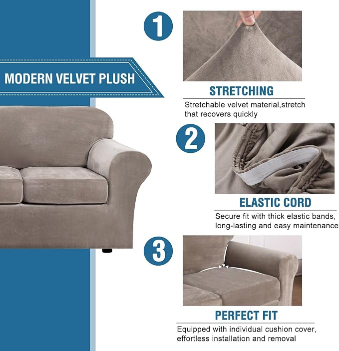 H.VERSAILTEX Velvet 4 Piece High Stretch Sofa Slipcover Cover Furniture - Image 3