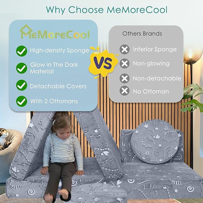 MeMoreCool 8-Piece Kids Modular Play Couch — Glow-in-The-Dark Dinosaur Foam Sofa Set for Toddlers, Convertible Fort Building Furniture with Washable Covers, Playroom Climbing & Creative Play Sofa