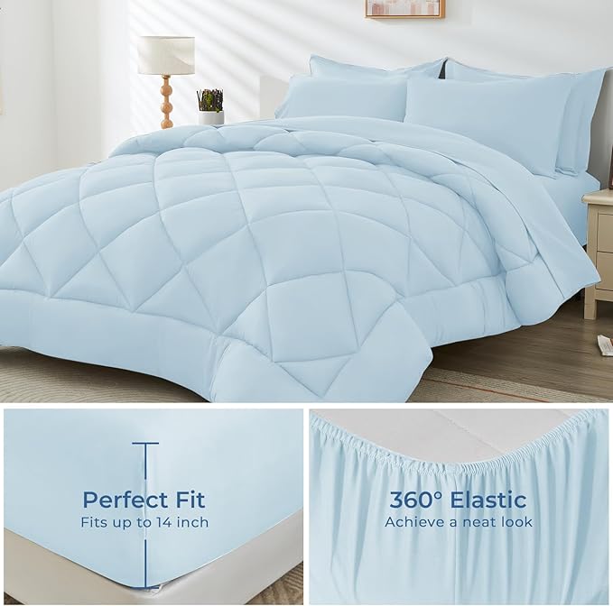HEVUMYI 7 Pieces Queen Comforter Set, All Season Reversible Bed in a Bag Queen, Ultra Soft Queen Bedding Set with Grey Comforter, Flat Sheet, Fitted Sheet, Pillowcases, Pillow Shams, Greyish Blue