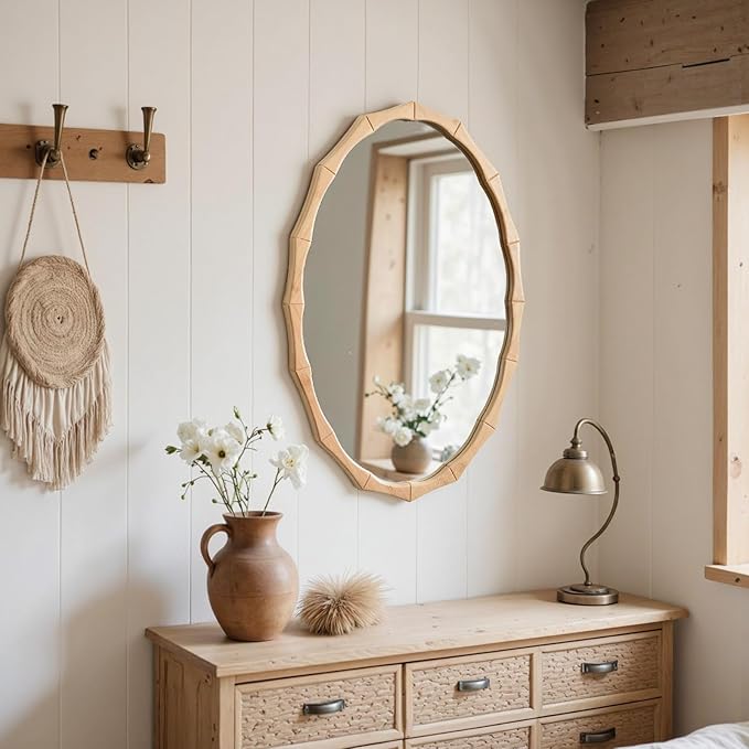 sawsile 20x30'' Rustic Oval Wood Mirror,Decorative Farmhouse Oval Mirrors,Bamboo Vanity Nature Mirrors for Bedroom, Bathroom, Living Room,or Entryway
