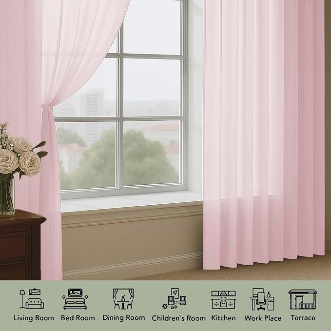 OWENIE Sheer Curtains 84 Inches Long 2 Panels Set, Sheer Blush Curtains - Image 3
