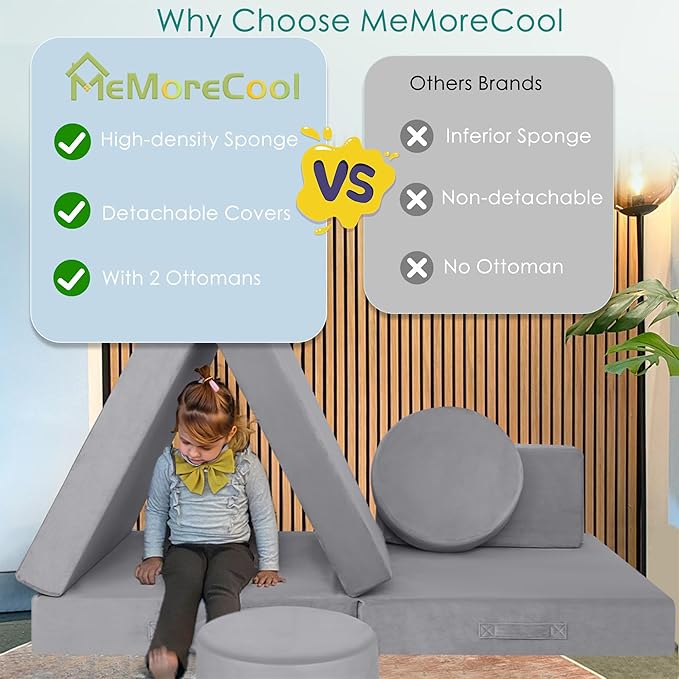 MeMoreCool Modular Kids Play Couch for Toddlers, Floor Foam Explorer Sofa with Building Fort Feature, Sectional Fold Out Block Couch for Playroom, Grey