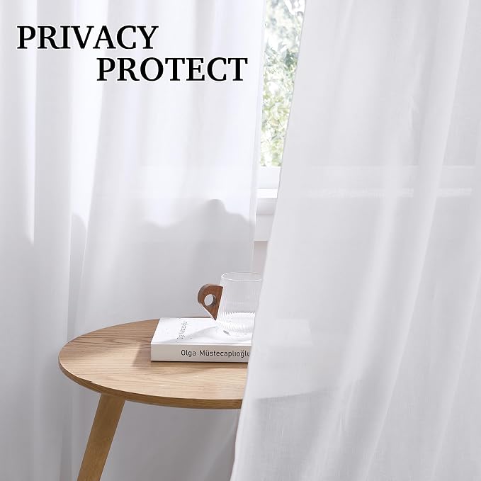 RYB HOME White Linen Curtains 84 inches Long, Semi Sheer Light Filtering Back - Image 3