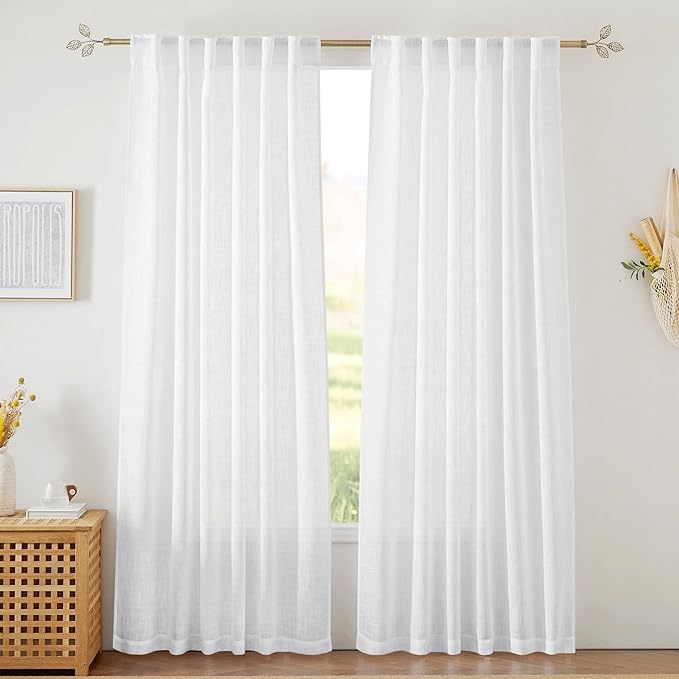 RYB HOME White Sheer Curtains Linen Texture Window Panels, Semi Sheer Light by RYBHOME