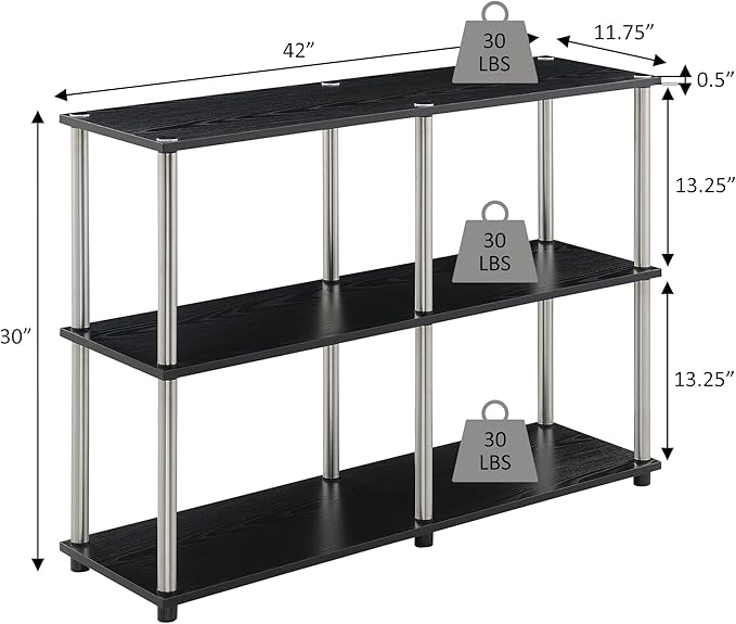 Convenience Concepts Designs2Go No Tools 3 Tier Wide Console Table 42" - Modern Multipurpose Accent with Shelves for TV Media Center, Office Desk Extension, Entryway Display, & Home Storage, White
